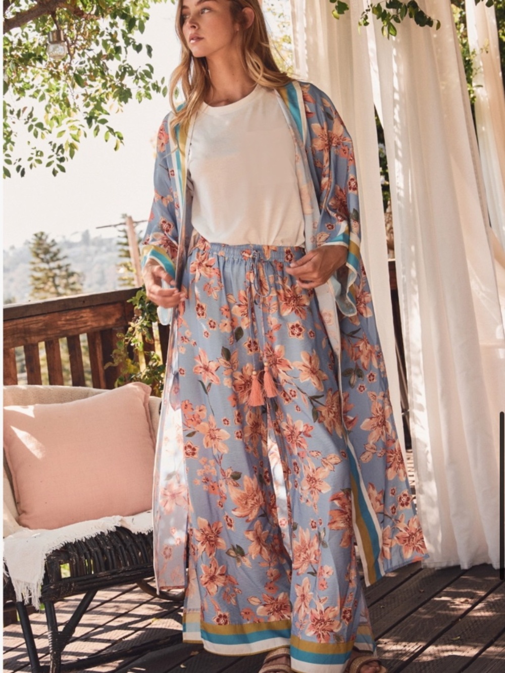 Plus Floral Printed Kimono & Wide Leg Pants Lounge Set